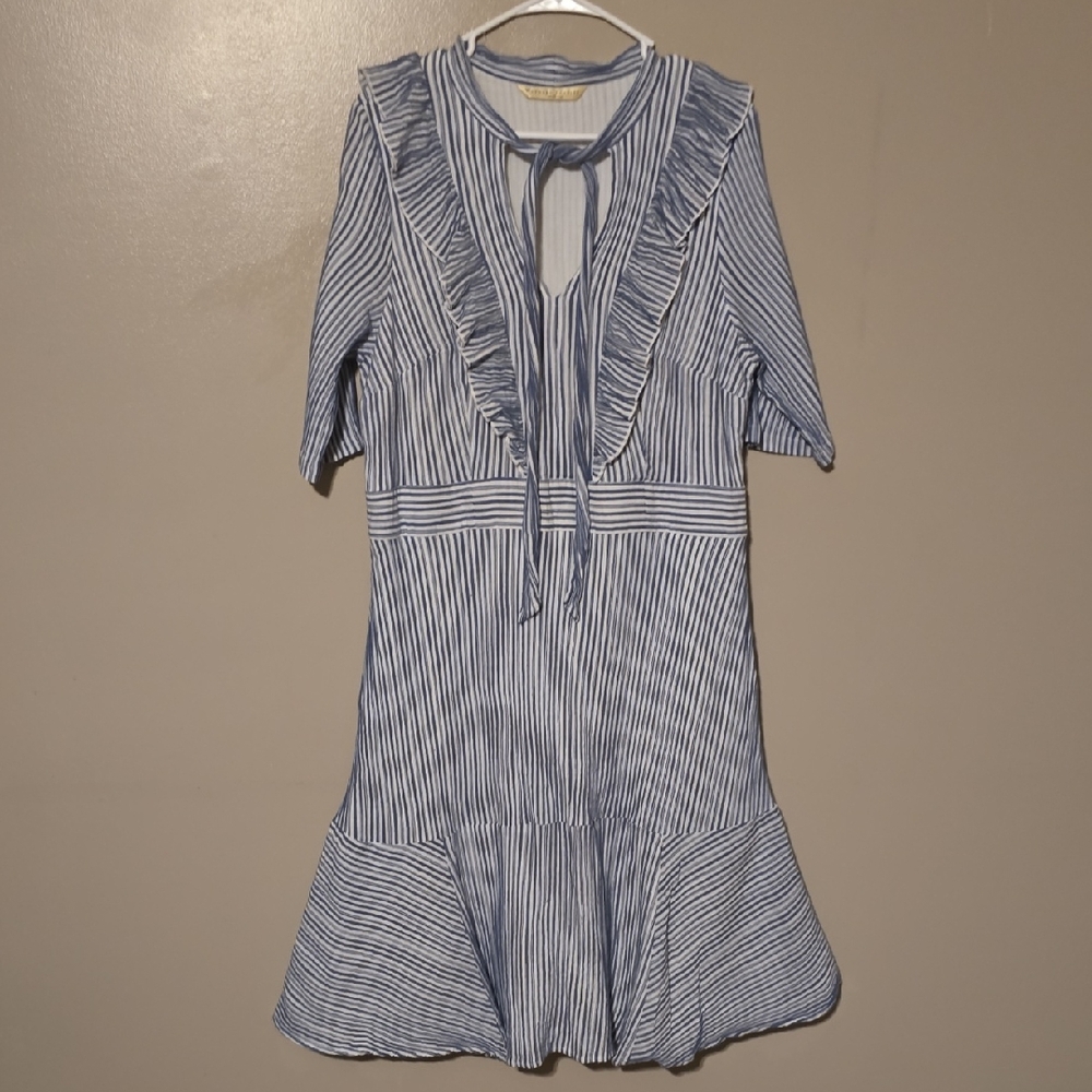 Wayward Fancies V Neck Midi Dress Blue White Stripes Womens Size 1X‎